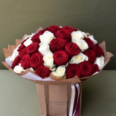 50 white and red roses