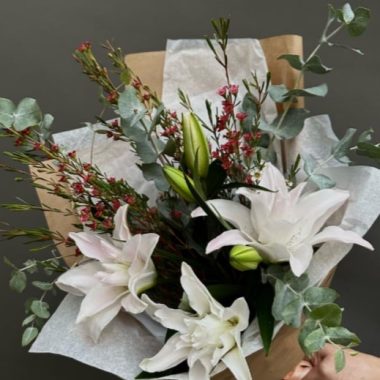 Bouquet of lilies and eucalyptus