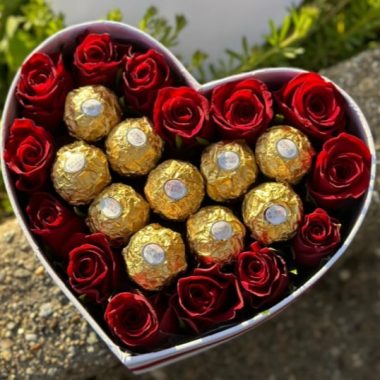 Heart shaped box with roses and Ferrero Rocher